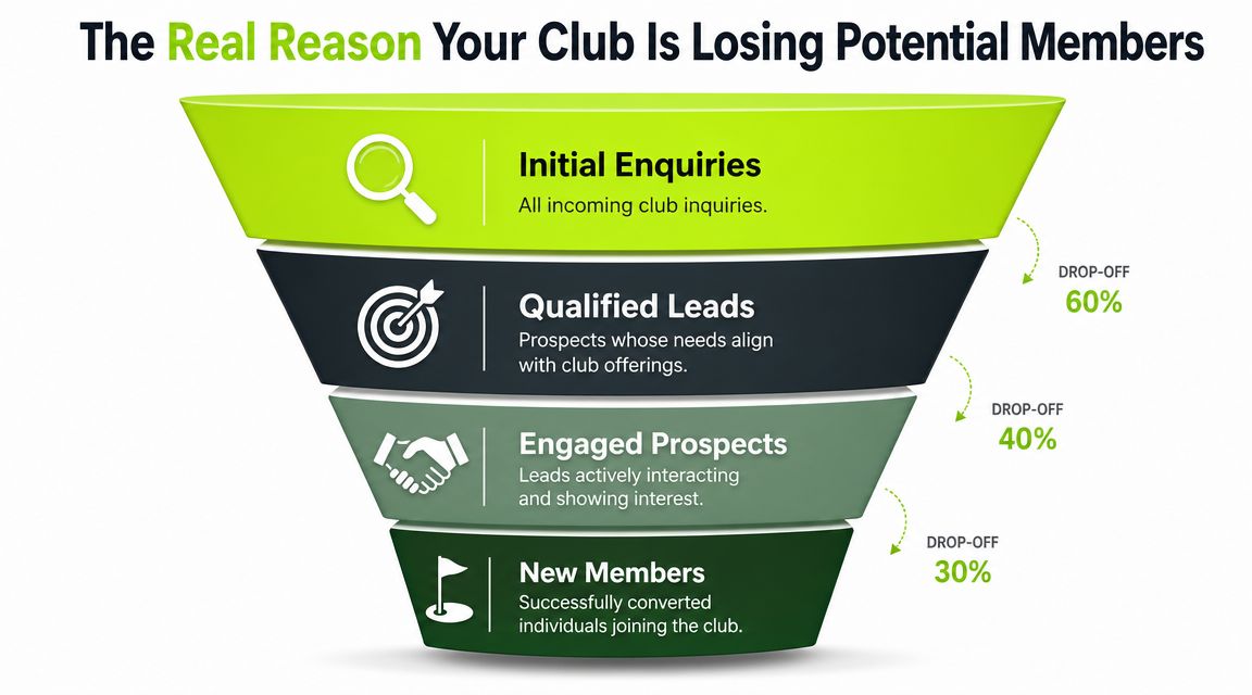 A funnel diagram illustrating the conversion process and member drop-off rates for a golf club.