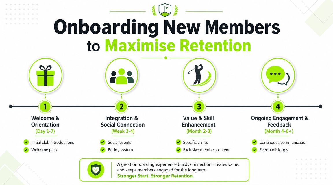 A four-step roadmap graphic illustrating strategies for onboarding new golf club members to maximize long-term retention.