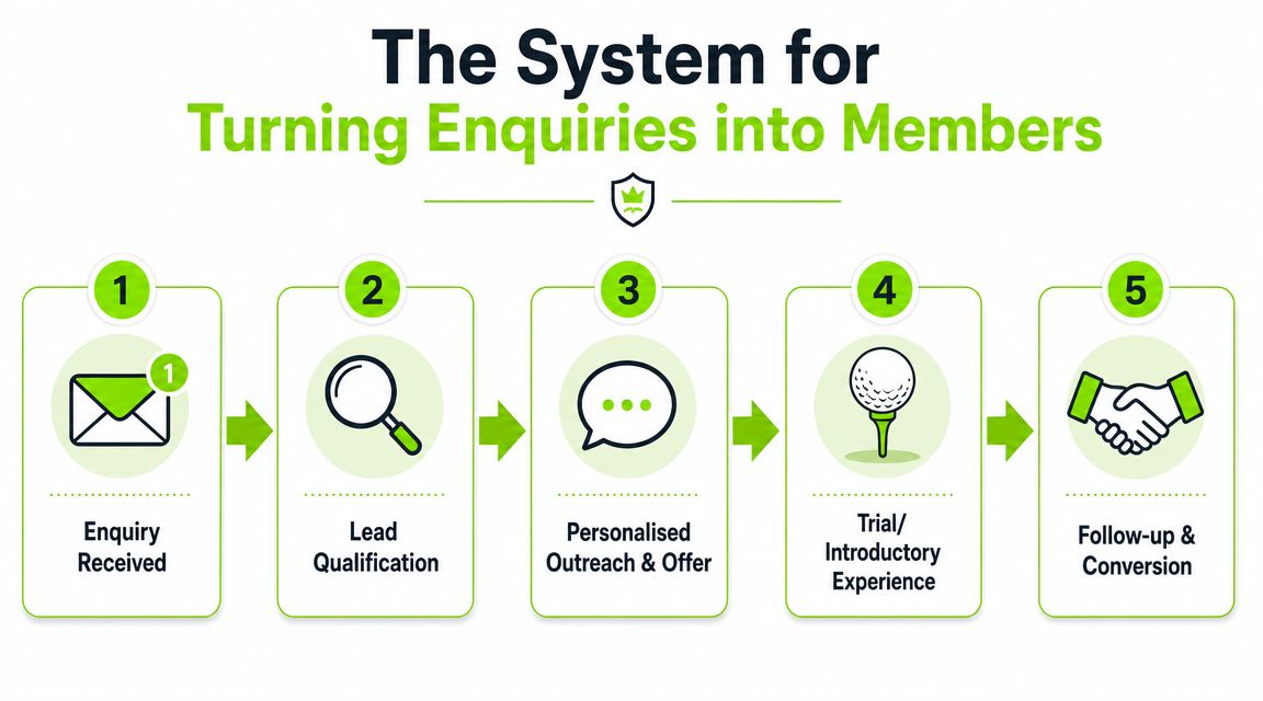 A five-step process diagram illustrating how to convert golf club enquiries into paying members.