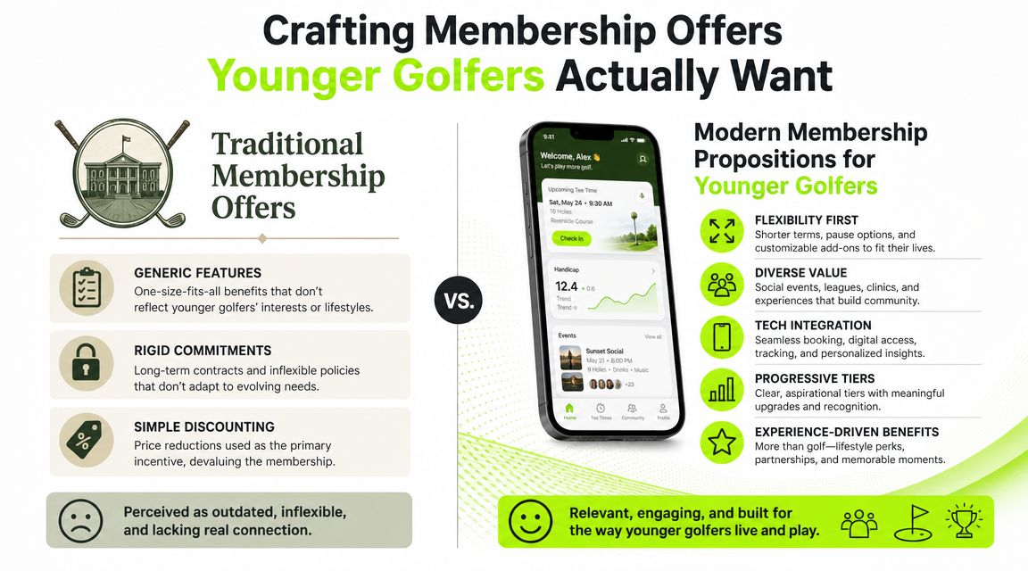 A comparison infographic between traditional and modern golf membership offers for younger players on a digital platform.