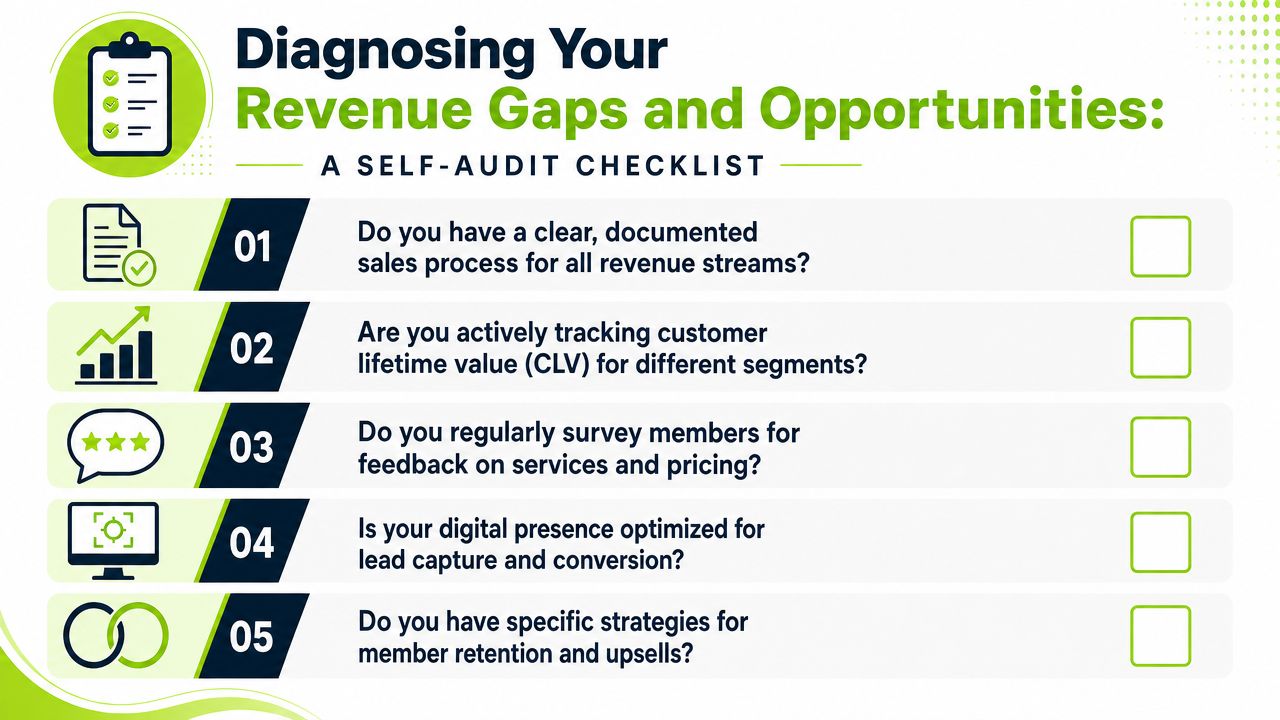 A self-audit checklist graphic for businesses to diagnose their revenue gaps and opportunities through five strategic questions.