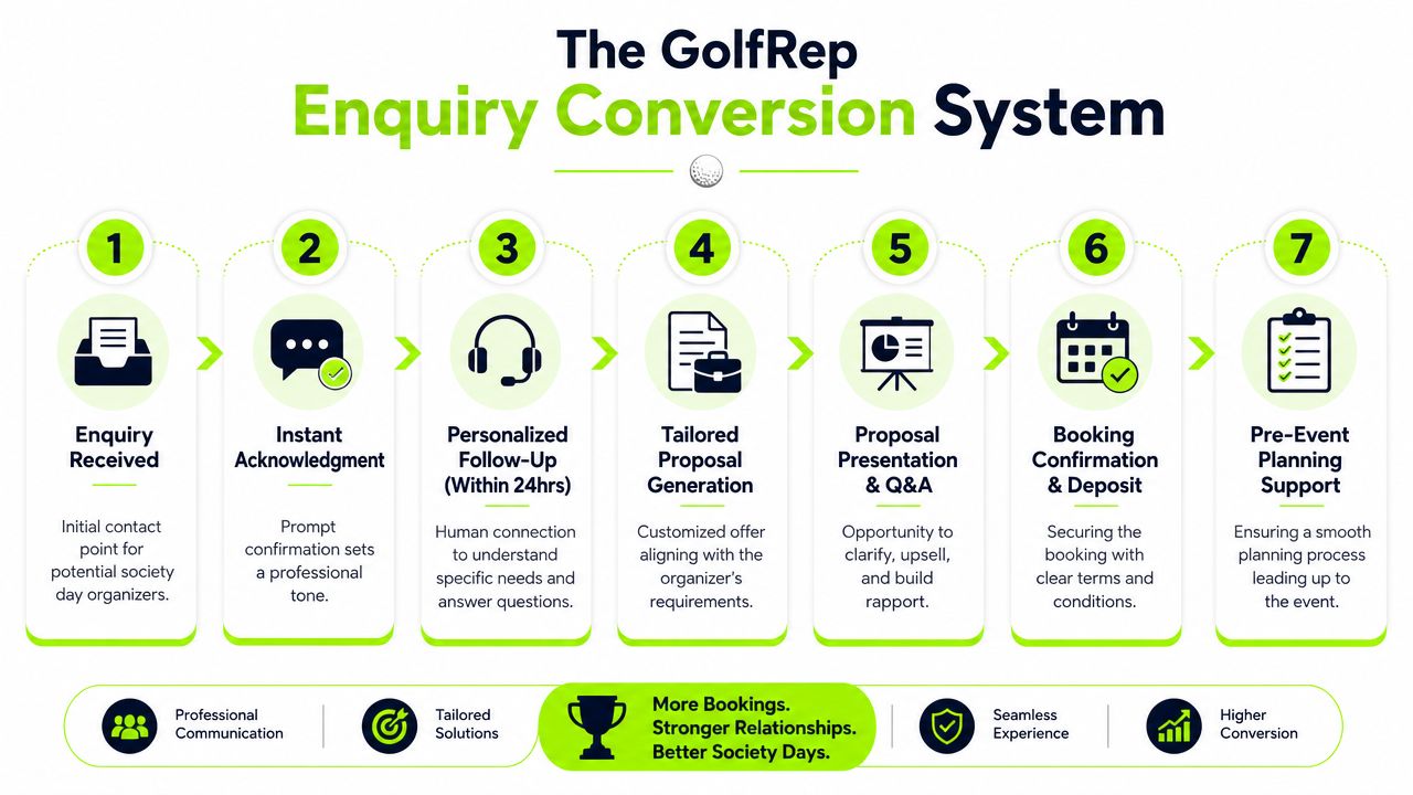 A seven-step process chart for the GolfRep Enquiry Conversion System aimed at managing society golf day bookings.