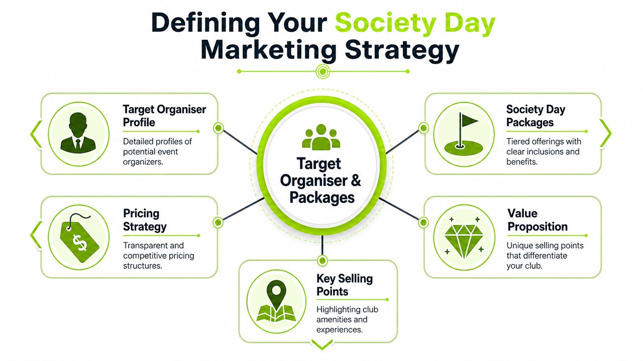 A diagram outlining the key components for developing a successful golf club society day marketing strategy.