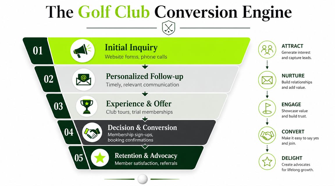 A diagram illustrating the five-stage golf club conversion engine for marketing, lead generation, and membership retention.