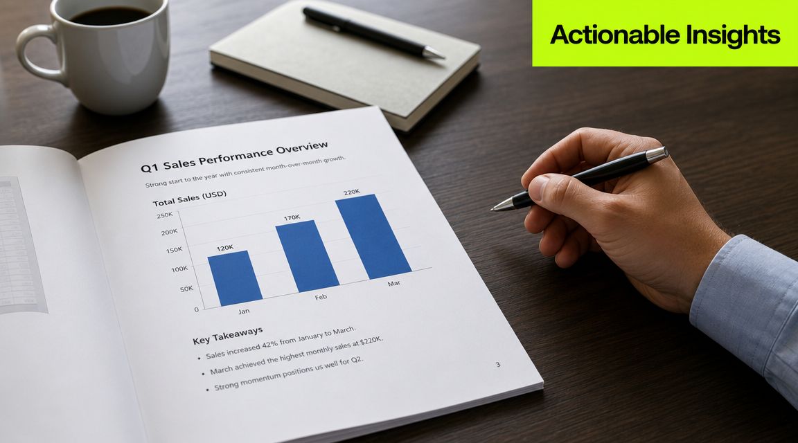 A professional reviewing a business report on Q1 sales performance with a bar chart on the page.