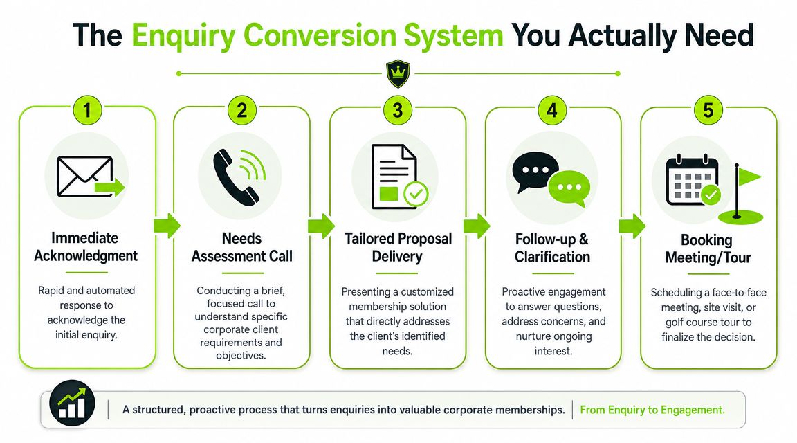 A five-step infographic detailing a structured corporate golf club membership inquiry conversion process from acknowledgment to booking.
