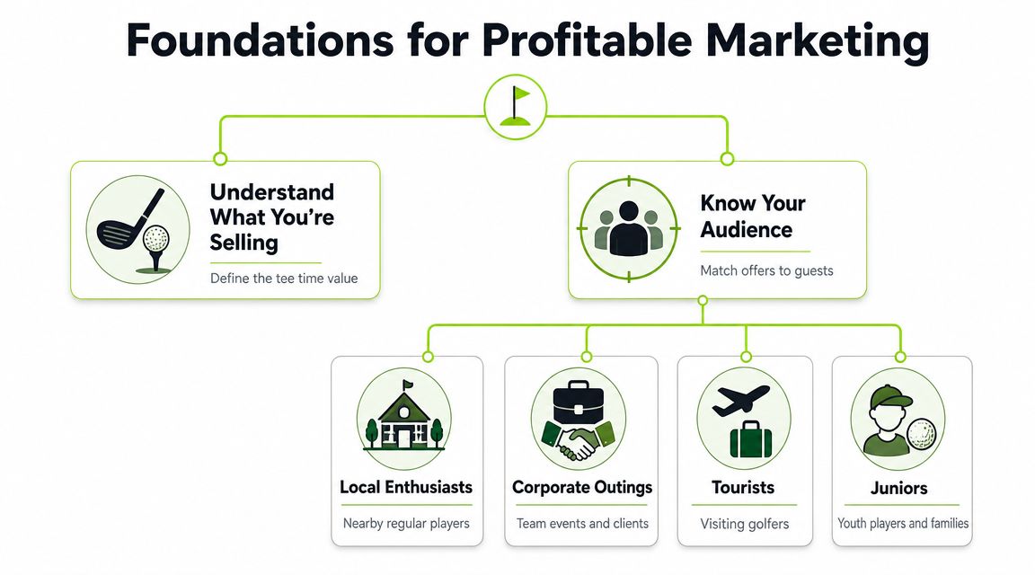 A diagram illustrating the foundations for profitable golf marketing with audience segments and tee time strategy.