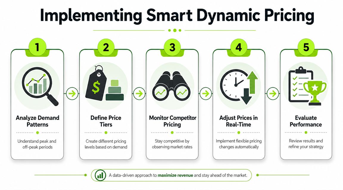 A five-step infographic showing the process of implementing smart dynamic pricing for revenue maximization strategies.