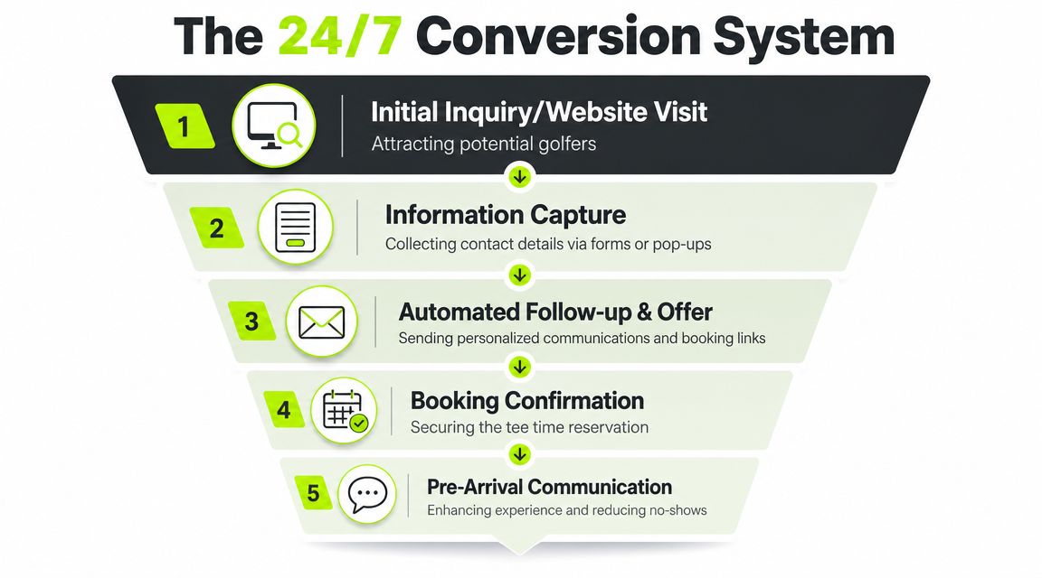 A five-step sales funnel infographic representing a 24/7 golf club booking conversion system for potential golfers.