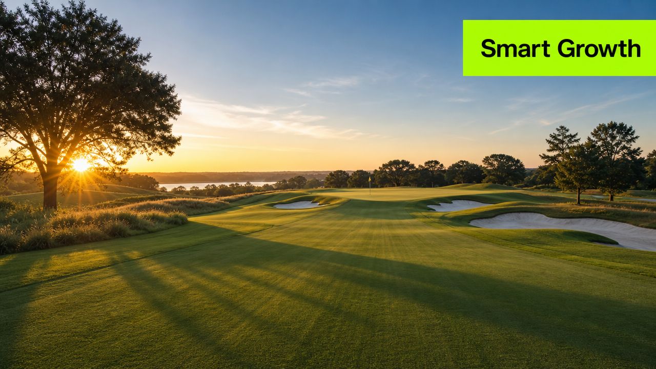 A serene golf course landscape at sunset with a large tree on the left and sand bunkers.