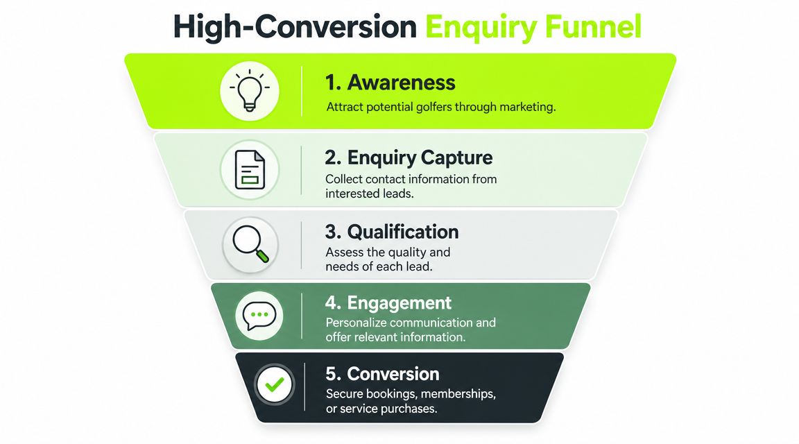 A five-step funnel diagram illustrating the high-conversion enquiry process for attracting and securing new golf members.