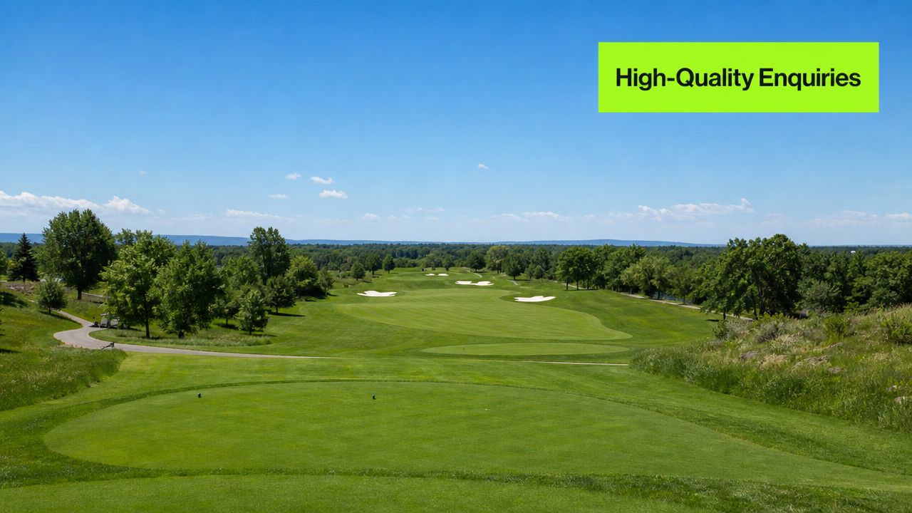 A scenic view from the tee box of a lush green golf course on a sunny day.