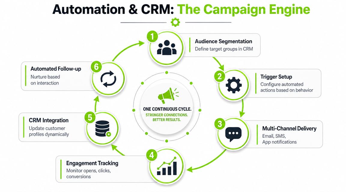 A flow chart illustrating the six stages of an automated CRM marketing campaign engine for customer engagement.