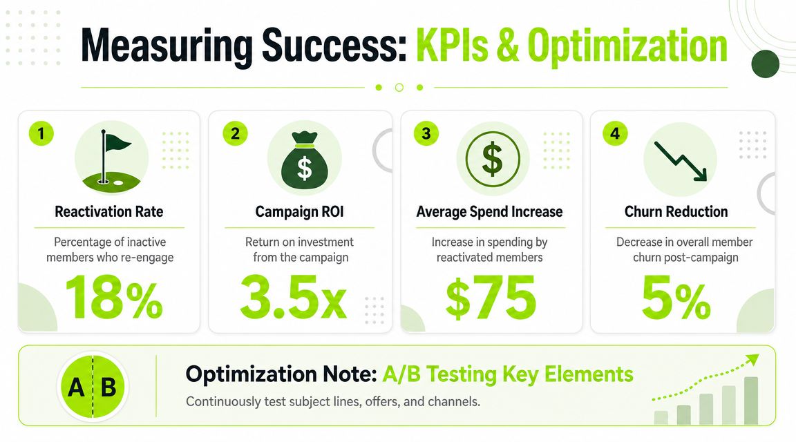 A marketing performance infographic displaying four key KPIs for a golf club reactivation campaign with optimization tips.