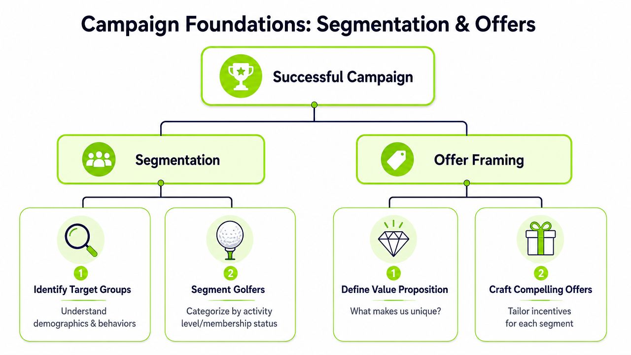 A diagram outlining a successful golf club campaign focused on segmentation and offer framing strategies.