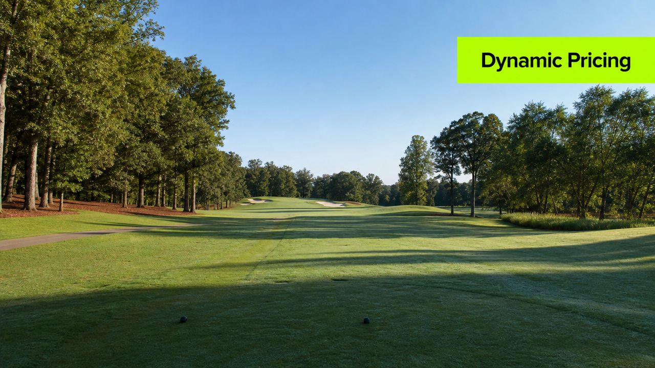 A serene golf course fairway stretching towards trees under a clear blue sky on a sunny morning.