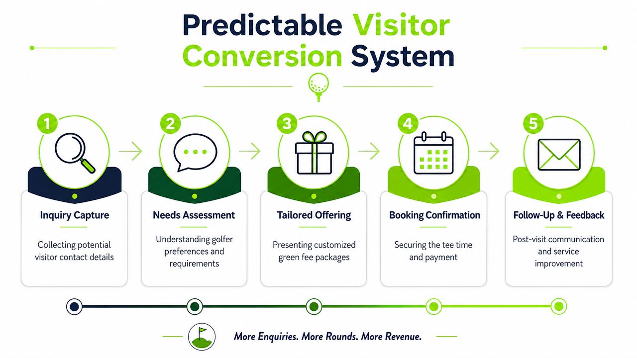 A five-step process diagram illustrating a predictable system for converting golf course visitors into booked rounds.