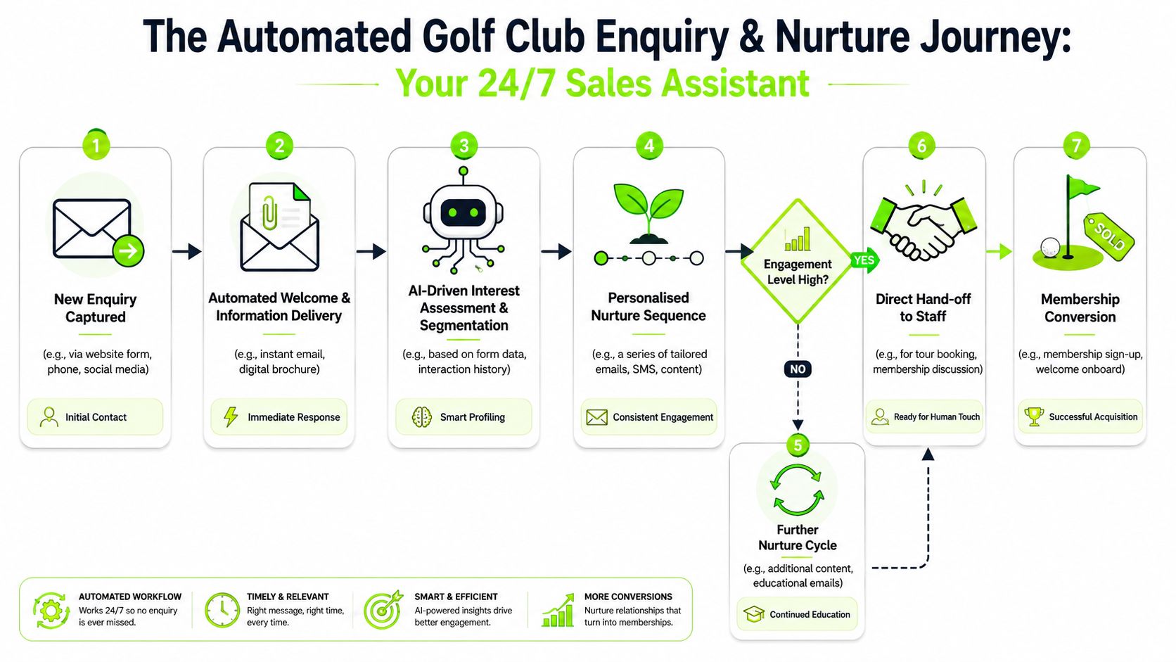 A flow chart illustrating an automated seven-step sales and marketing journey for golf club membership recruitment.