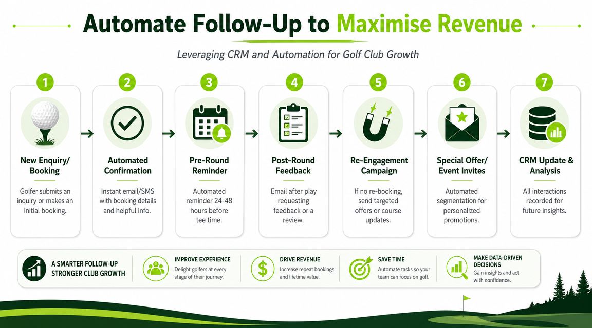 An infographic detailing a seven-step automated workflow for golf clubs to improve booking processes and revenue.