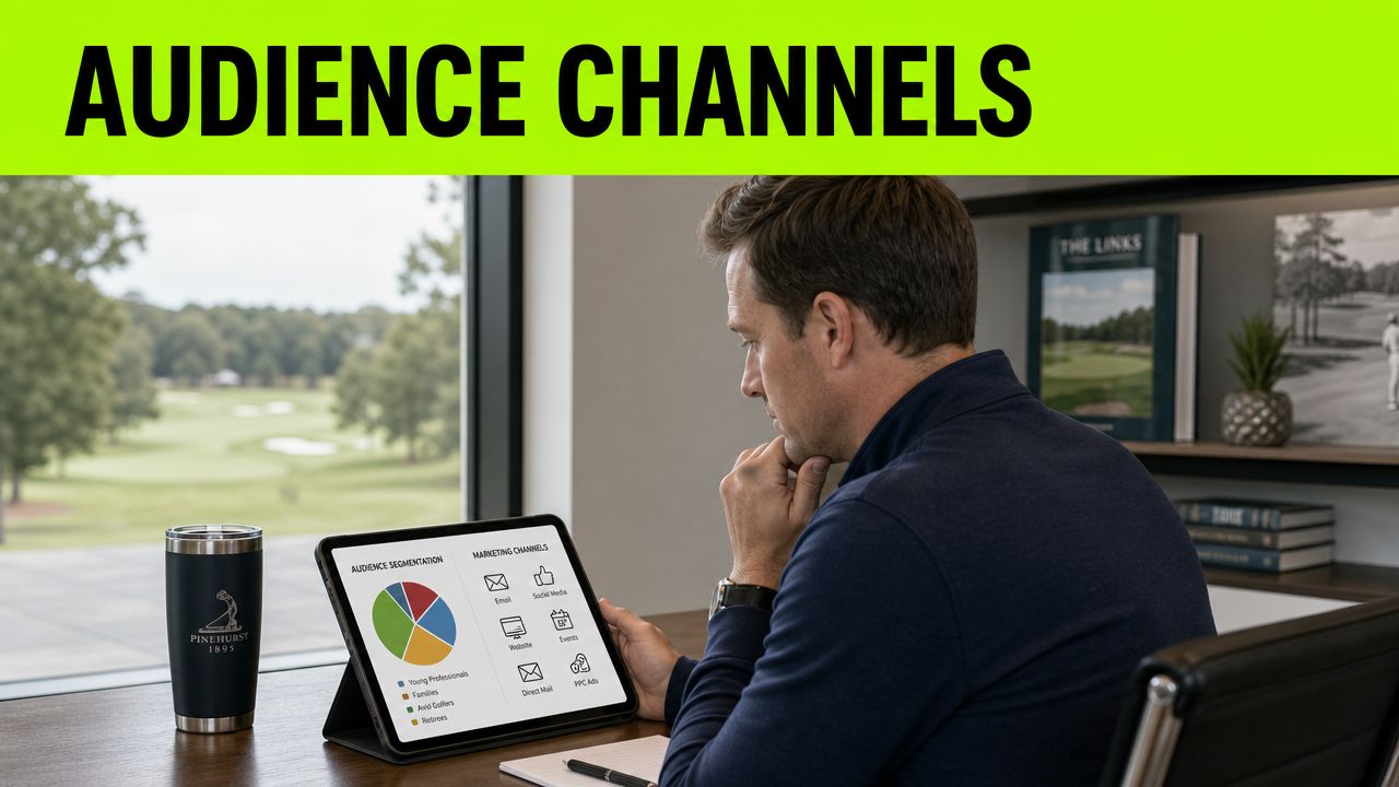 A professional man reviewing golf club marketing audience data on a digital tablet in an office.
