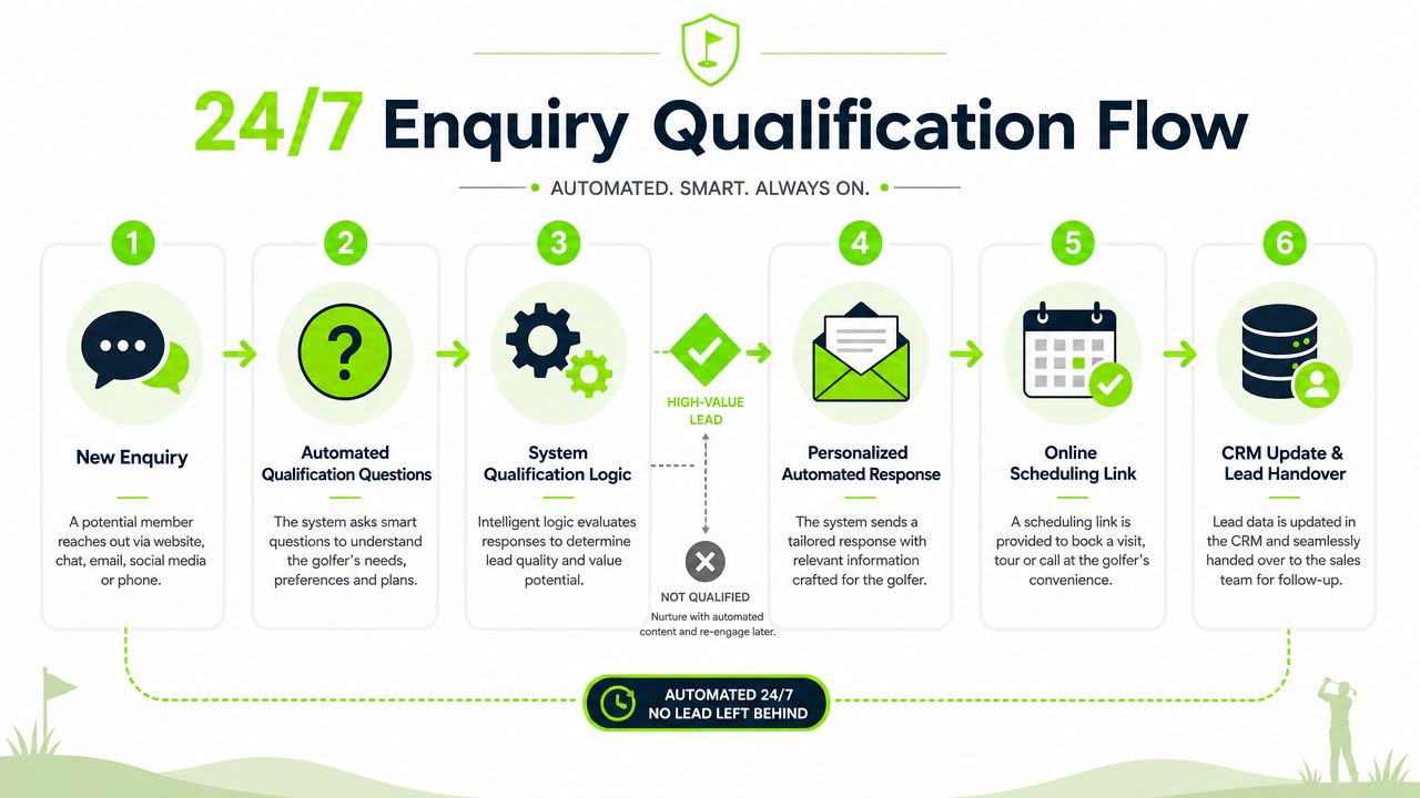 A six-step infographic explaining an automated 24/7 enquiry qualification flow for managing golf club potential leads.