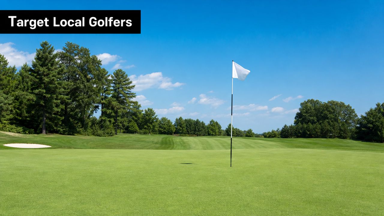 A serene golf course green with a white flag under a clear blue sky, perfect for golf marketing.