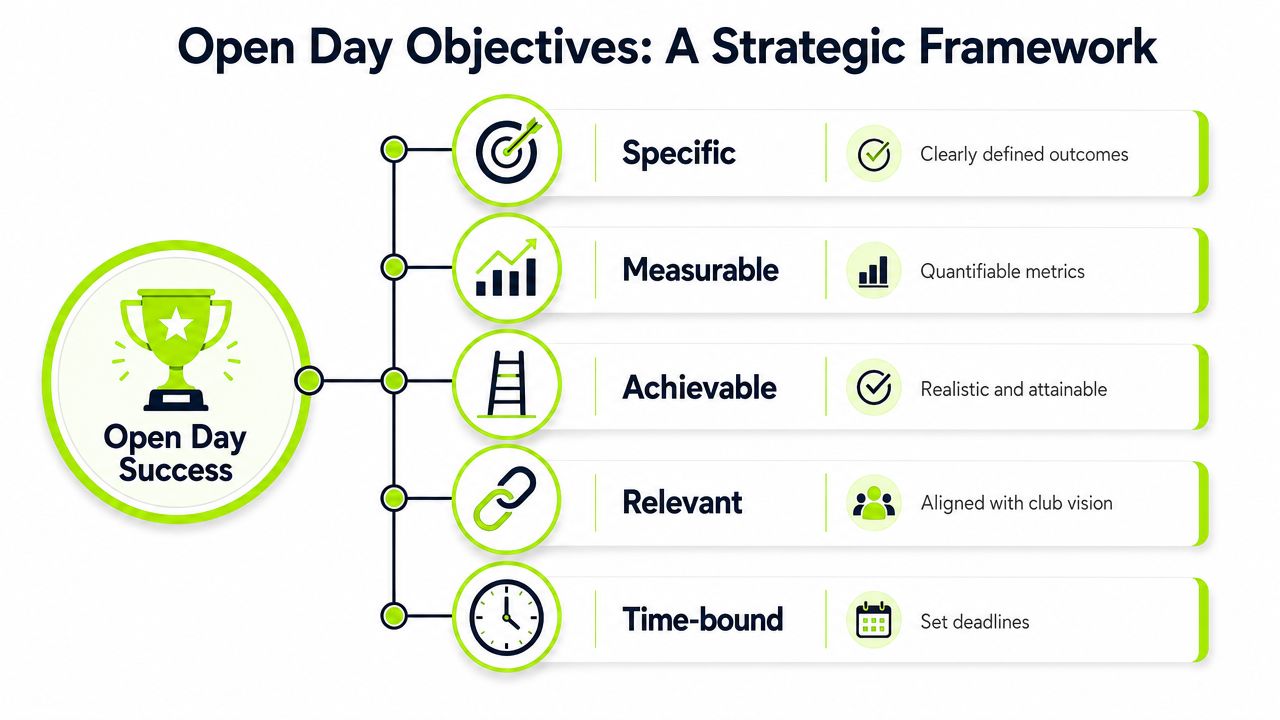 A strategic framework infographic showing the SMART goals model for planning an effective club open day event.
