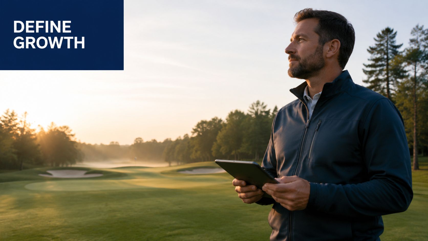 A professional man holding a tablet on a golf course during a serene, sunlit morning.