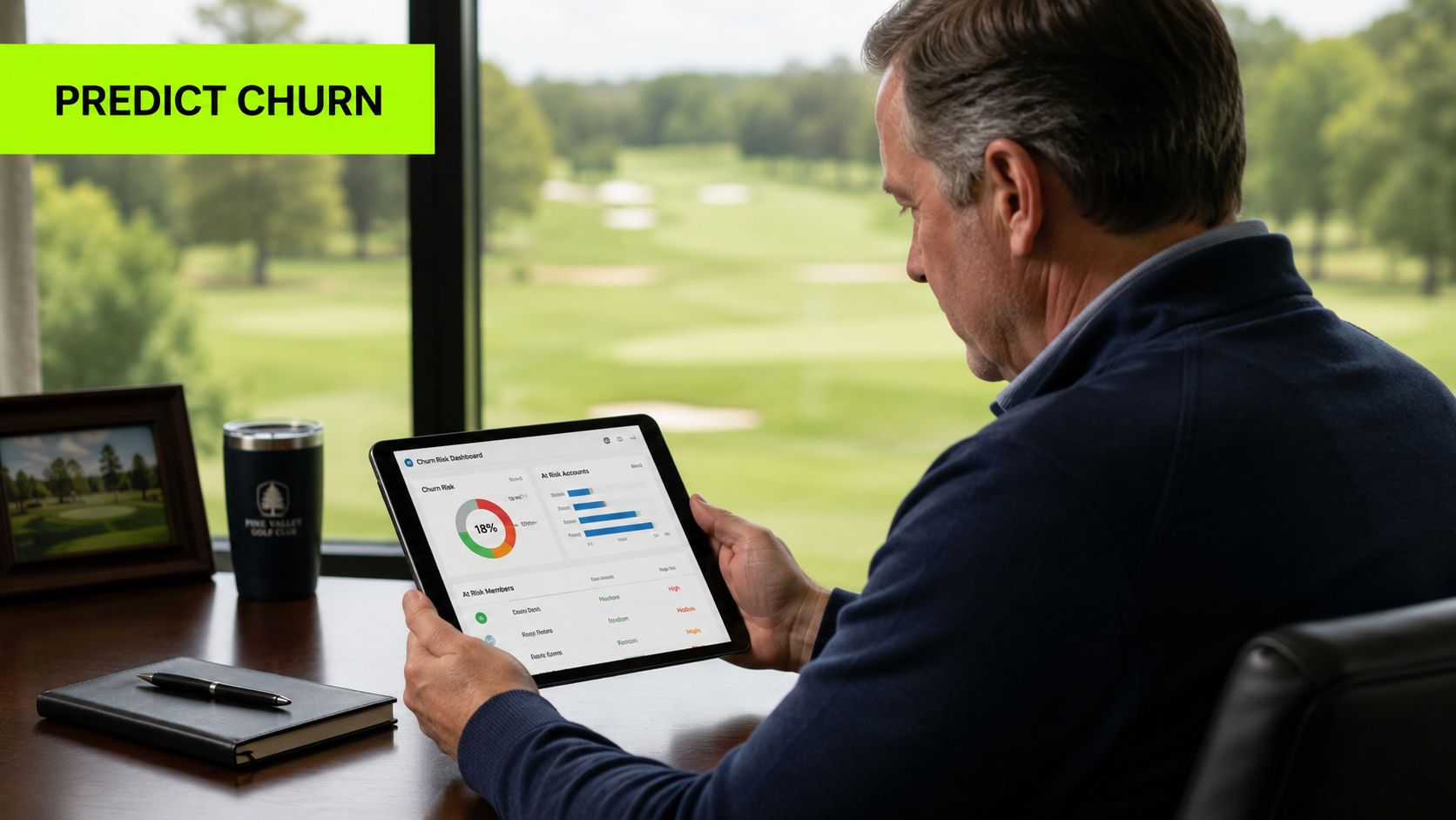A professional man reviewing churn risk data on a tablet inside a Pine Valley Golf Club office.