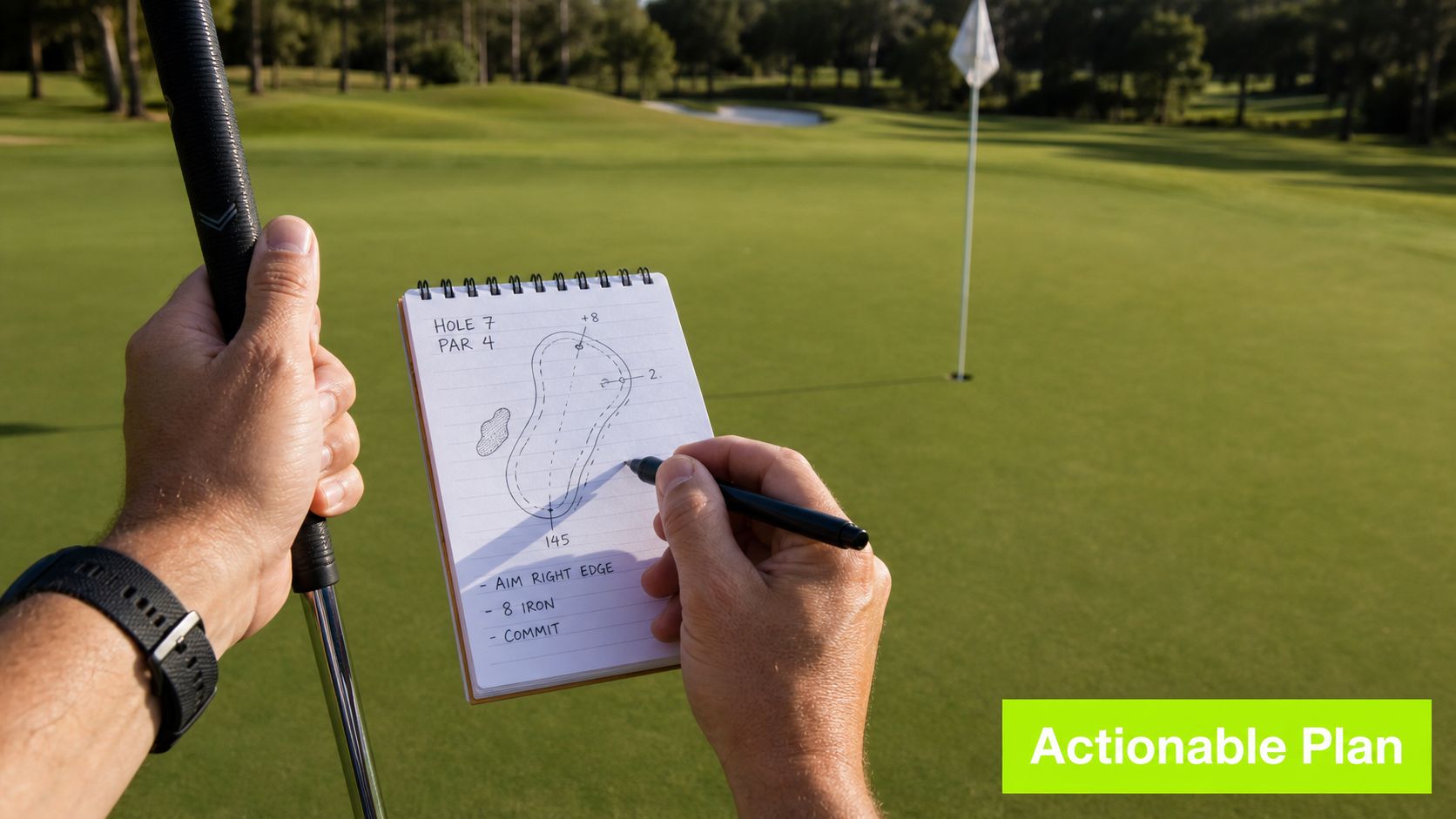A golfer holds a notepad while planning their approach shot to the green on a golf course.