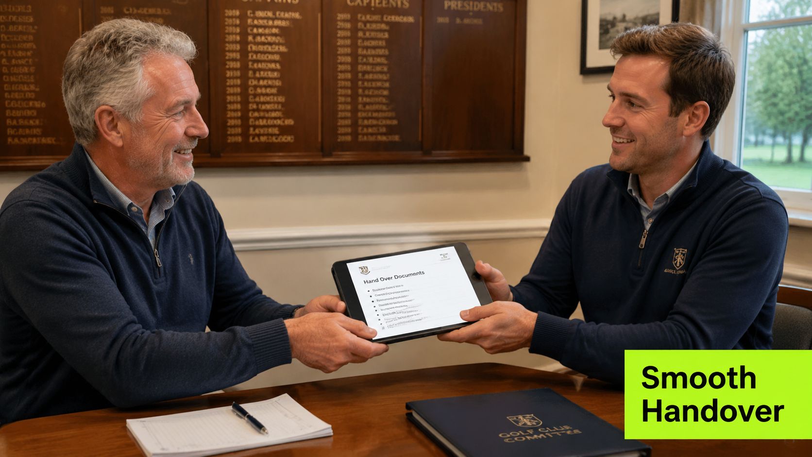 Two men in business attire exchanging documents on a digital tablet at a golf club committee meeting.