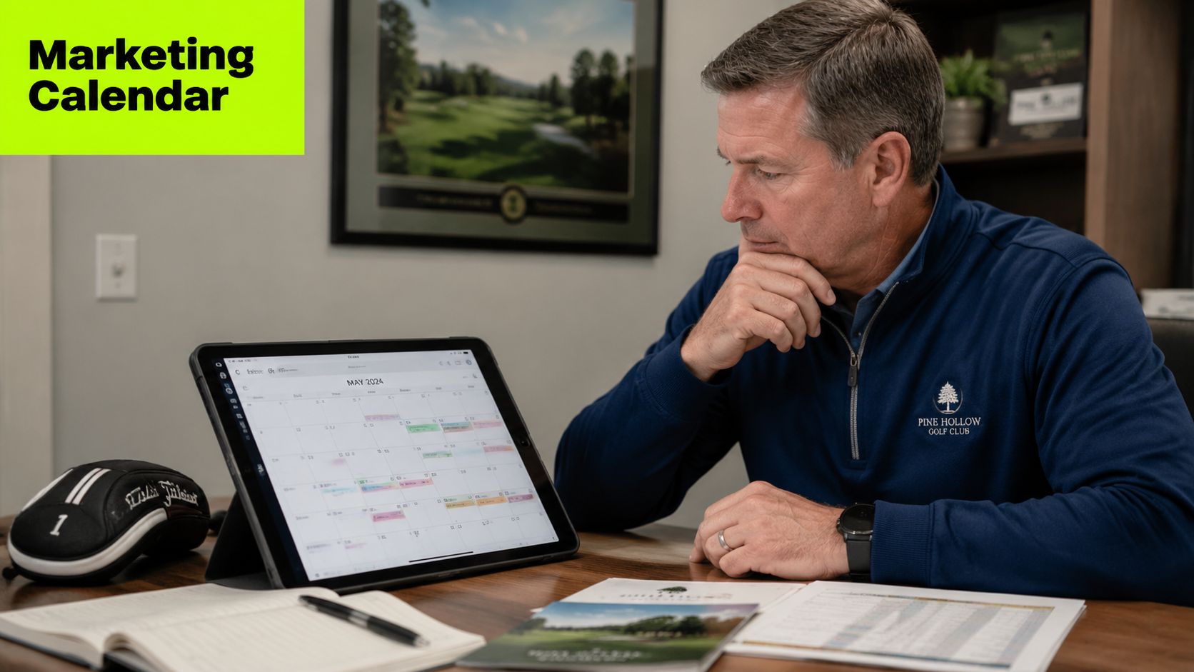 A man in a golf club sweater reviewing a marketing calendar on a digital tablet at his desk.