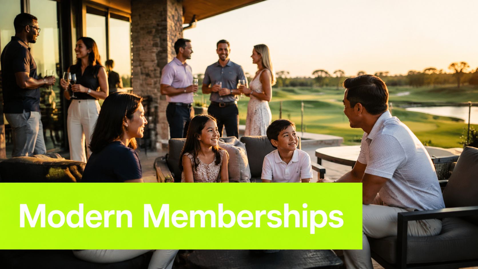 A diverse group of families and friends enjoying drinks and conversation on a golf club patio at sunset.