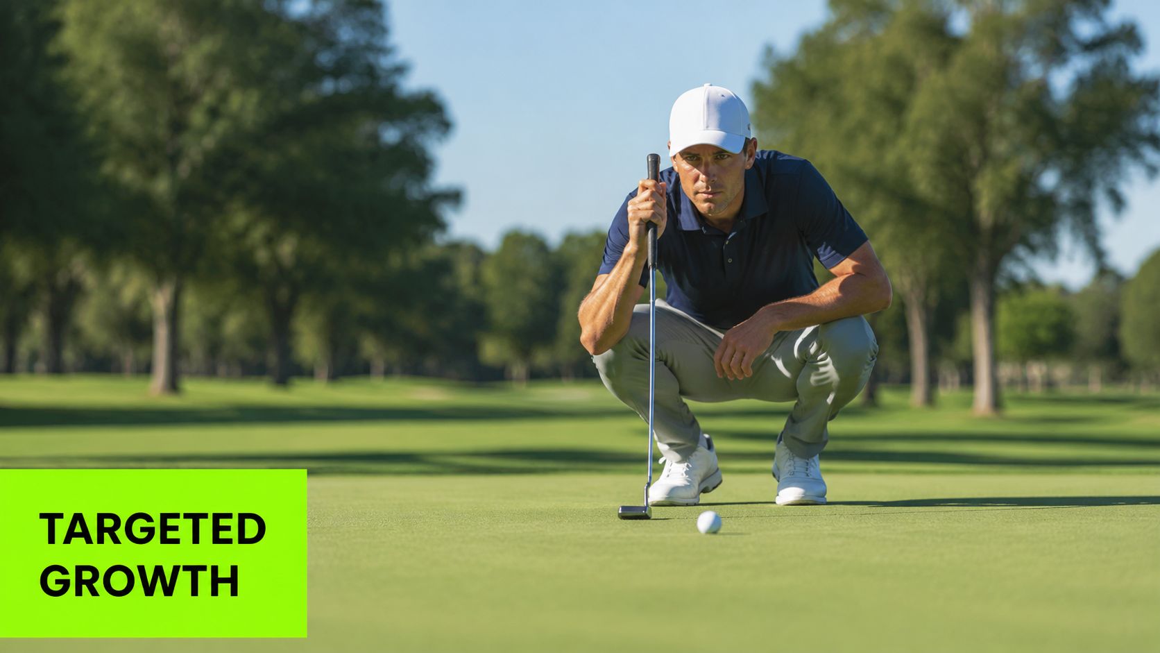 A focused male golfer in a polo shirt and white hat squats on a golf course putting green.