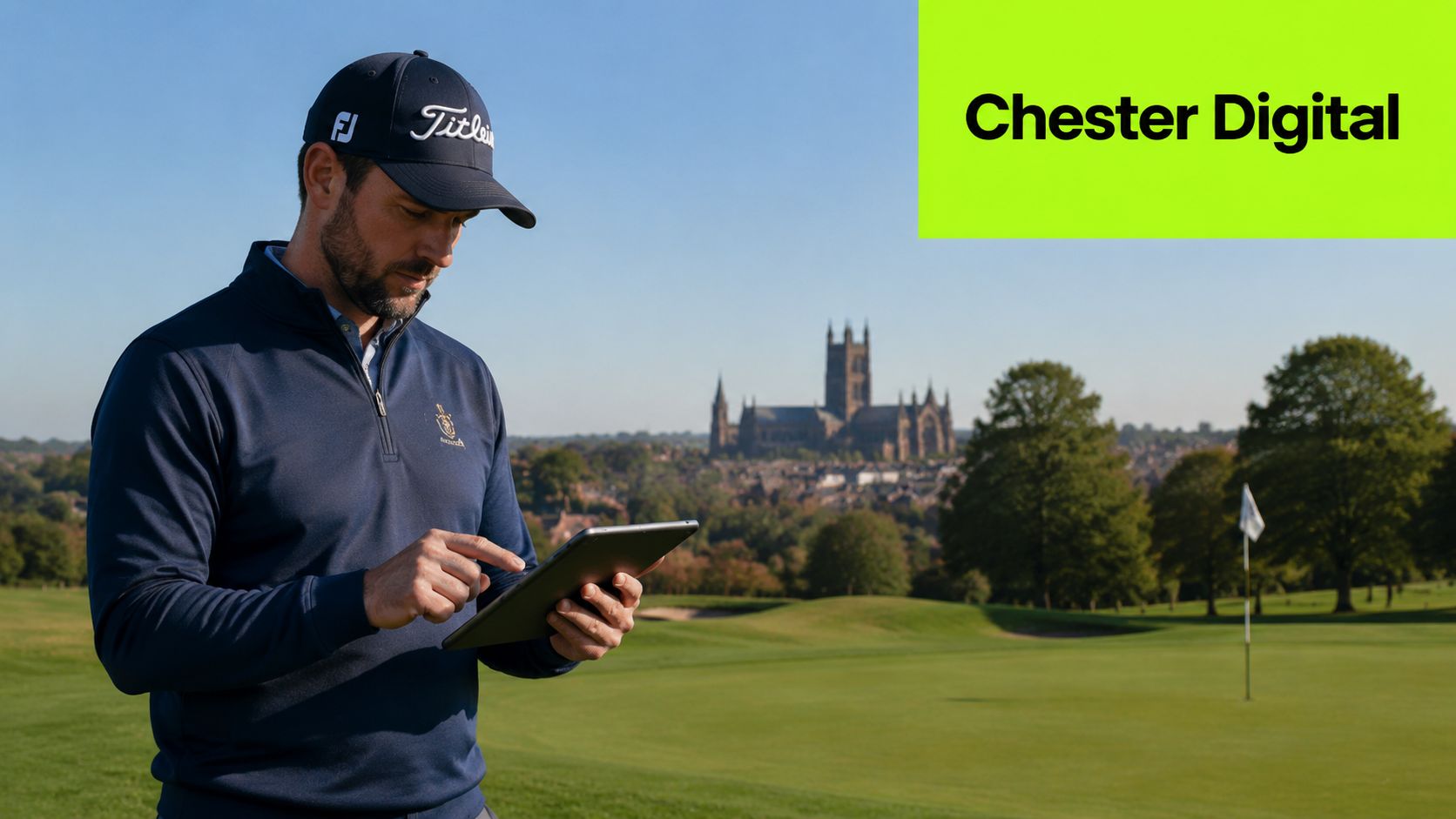 A golfer using a digital tablet on a course with the Chester Cathedral in the background.