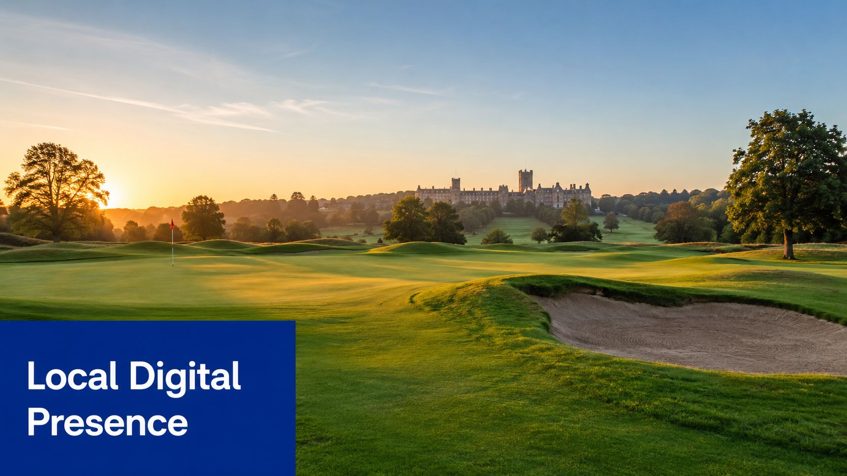 A picturesque view of a lush green golf course at sunrise with a historic building in background.