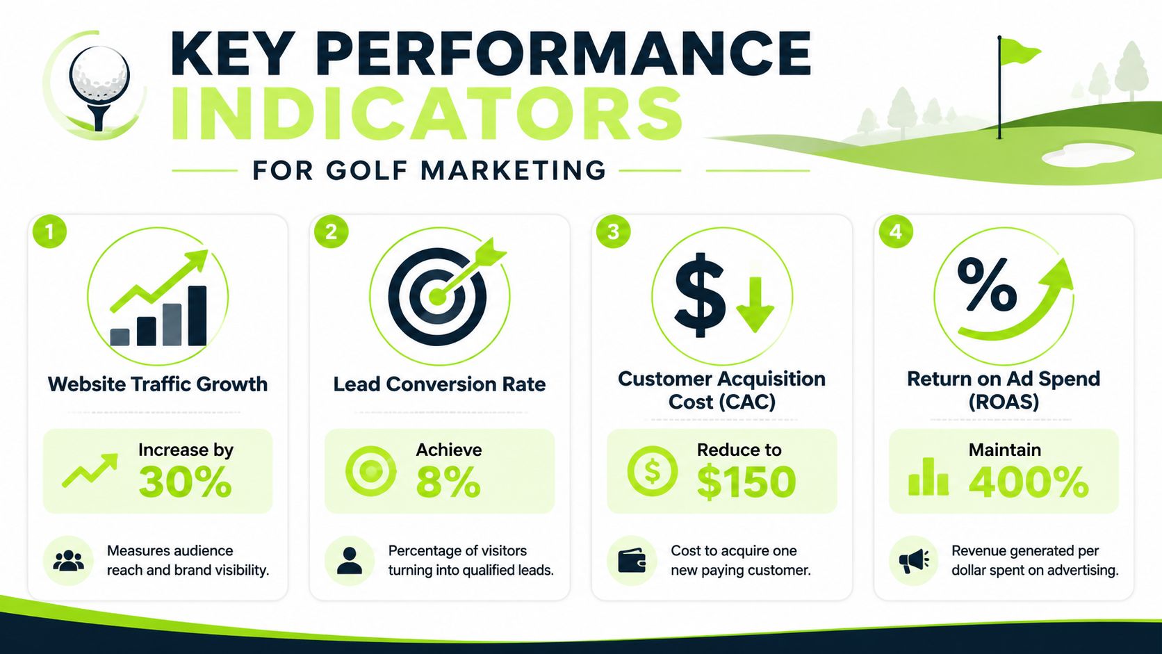 An infographic displaying four key performance indicators for golf marketing, including traffic, conversion, acquisition cost, and ROAS.