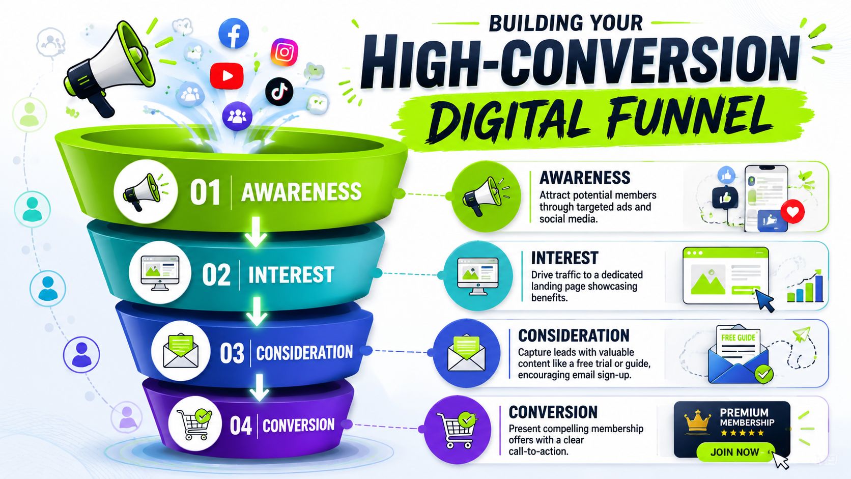 An infographic visualizing a four-stage digital marketing funnel for building a high-conversion membership campaign.