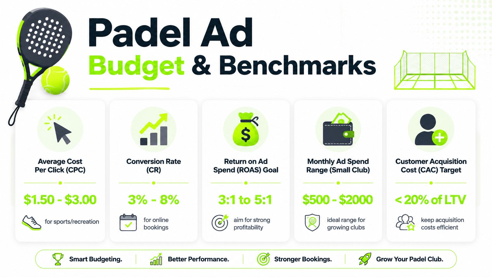 An infographic showing advertising benchmarks for padel clubs including CPC, conversion rates, and ROAS targets.