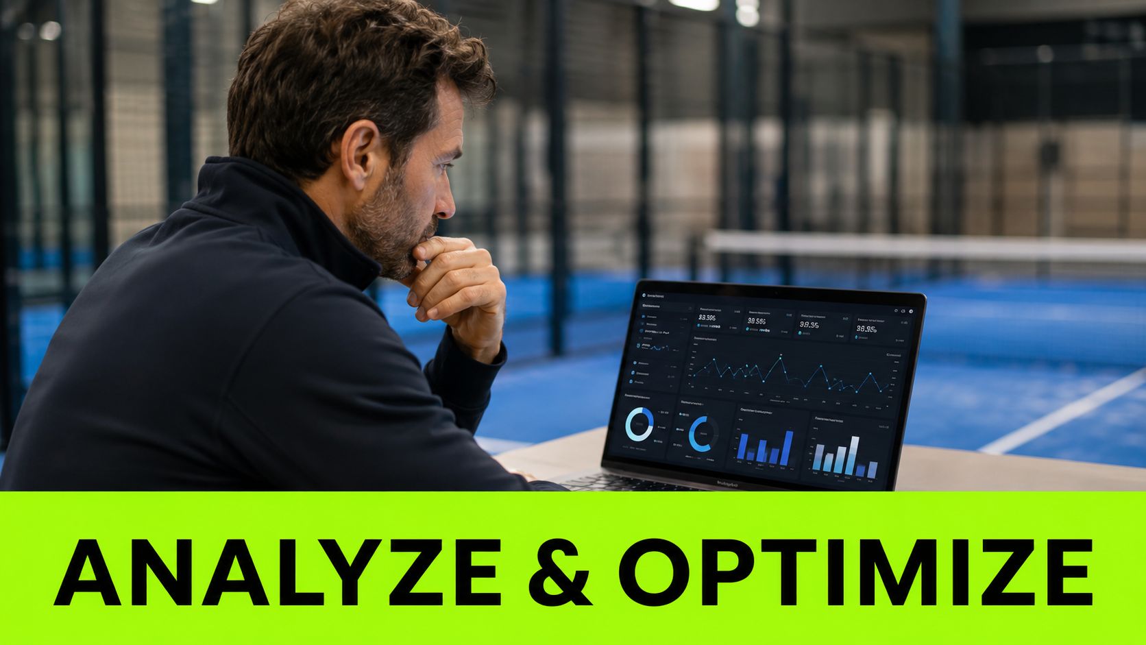 A professional analyzing padel club performance metrics on a laptop screen while sitting on a court.