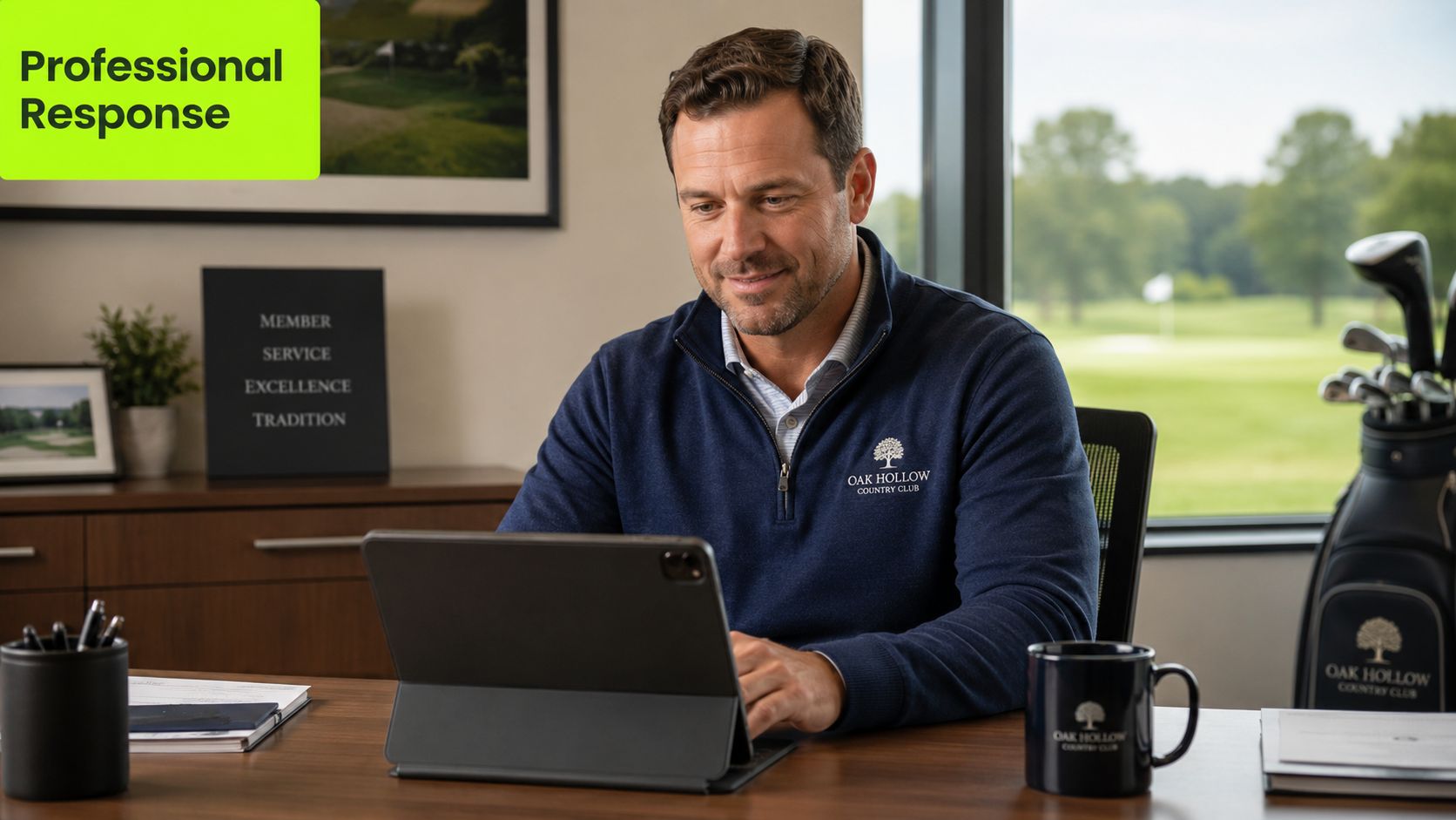 A professional man at a desk in an office overlooking a golf course using a tablet.