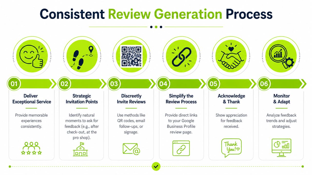 A six-step infographic illustrating a process for golf clubs to consistently generate Google business reviews.
