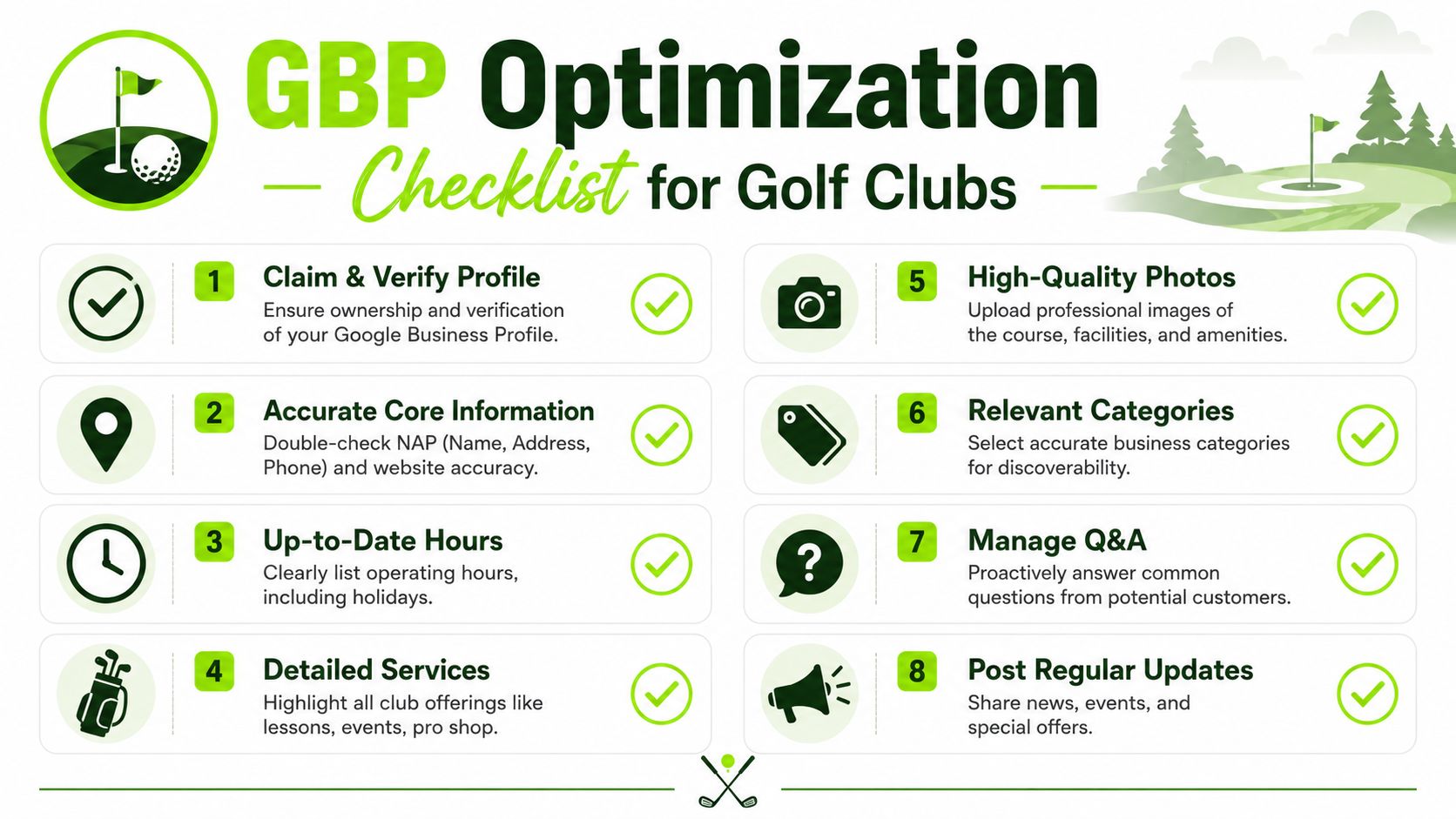 An infographic checklist for golf clubs on how to optimize their Google Business Profile for better visibility.