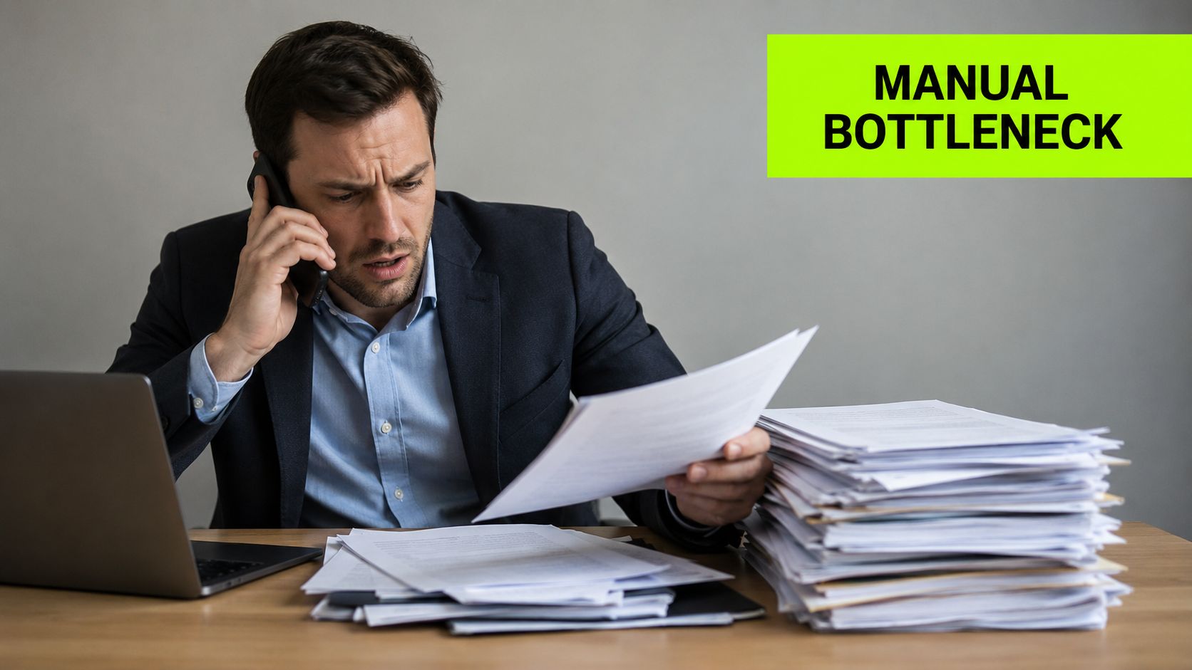A stressed businessman in a suit handles a large pile of paperwork while talking on the phone.