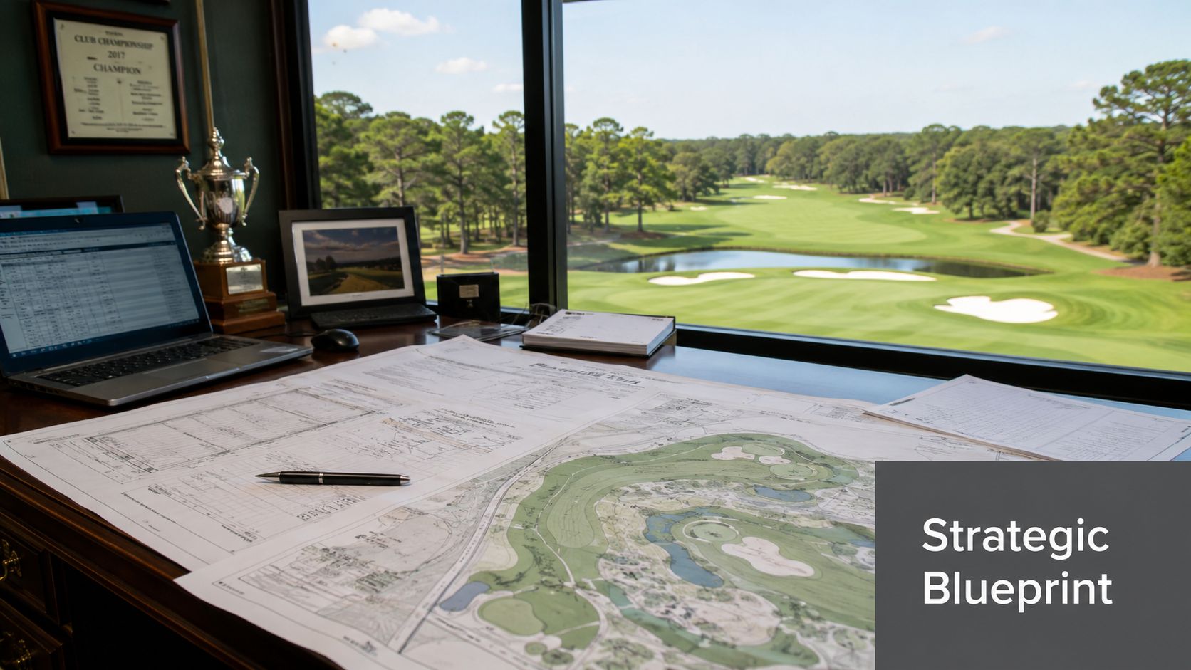 An office desk overlooking a lush golf course with architectural plans and a laptop displayed.
