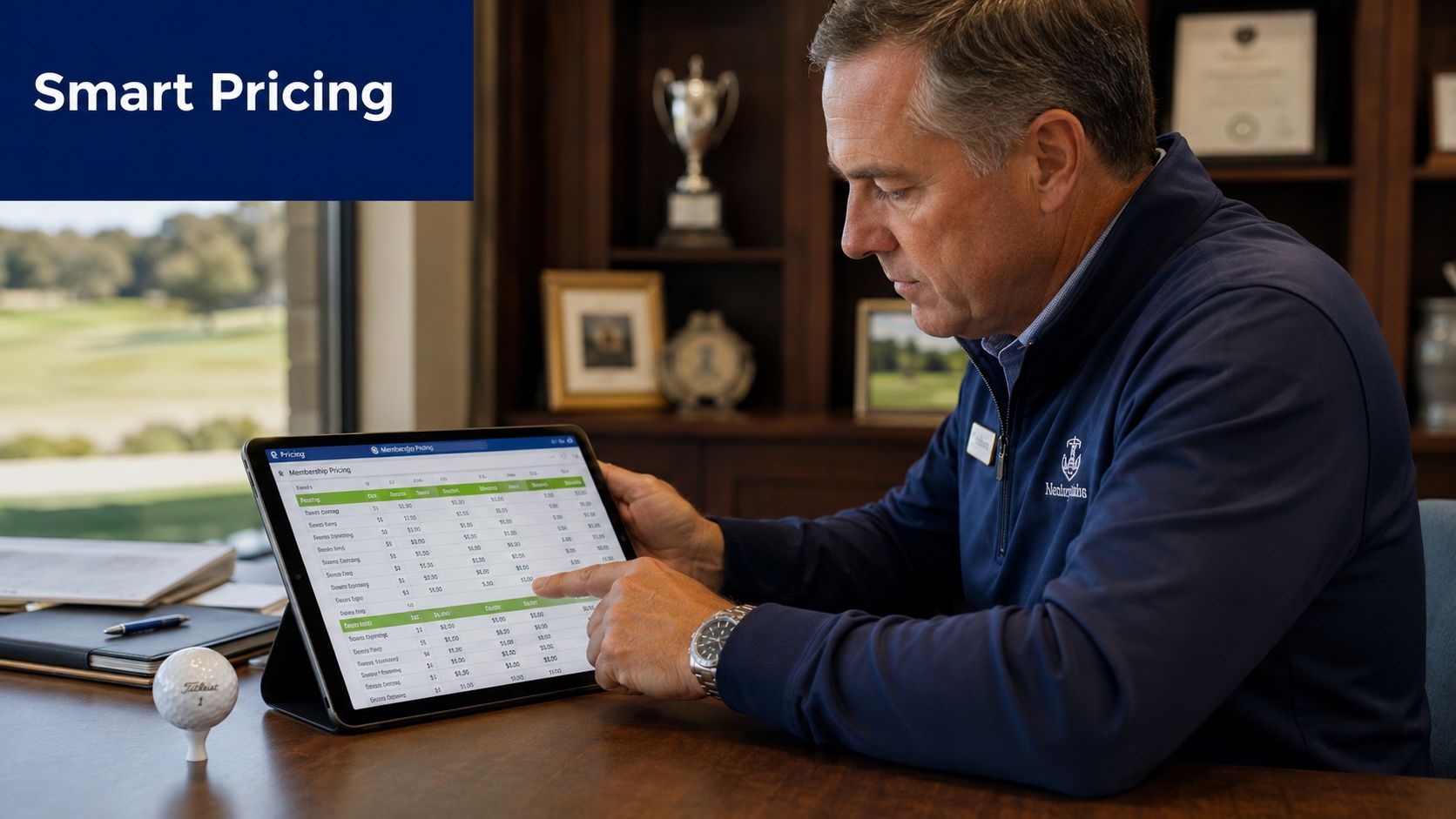A professional manager reviewing golf club membership pricing data on a tablet in an office setting.