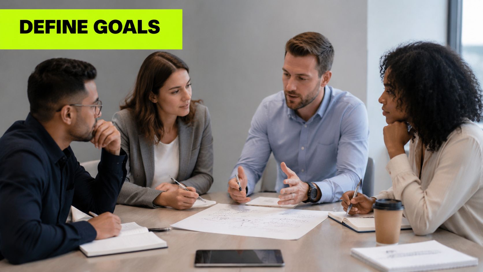A diverse group of professionals collaborating and brainstorming around a table in a modern office meeting.