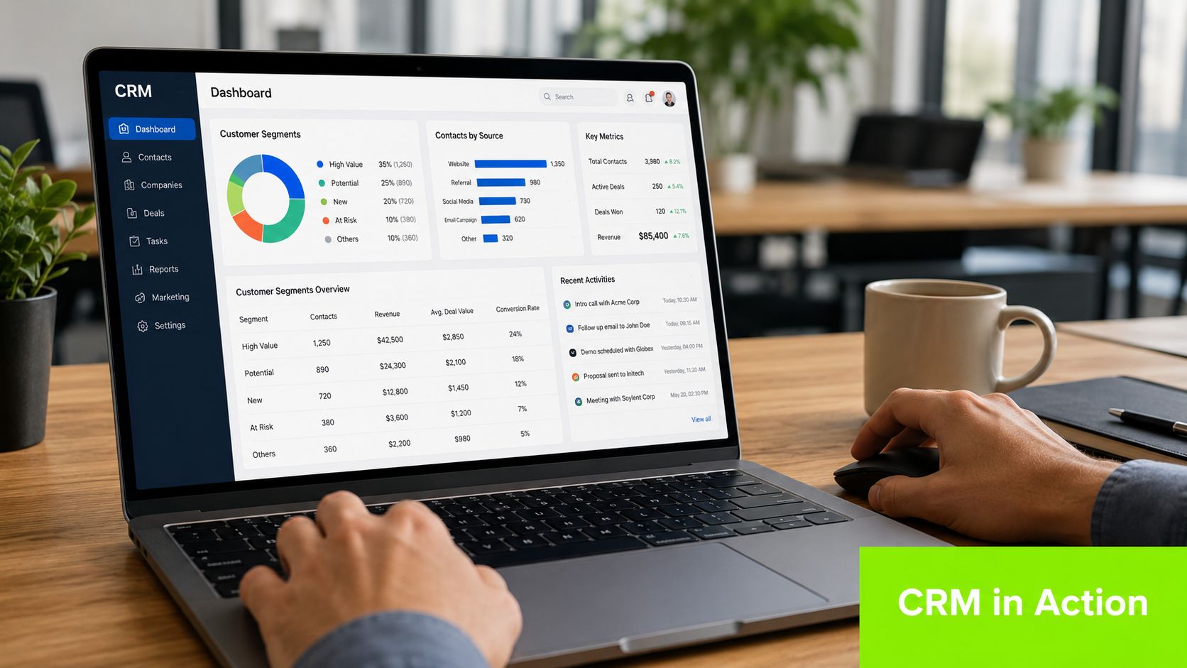 A professional working on a laptop displaying a CRM dashboard with market segmentation data charts.