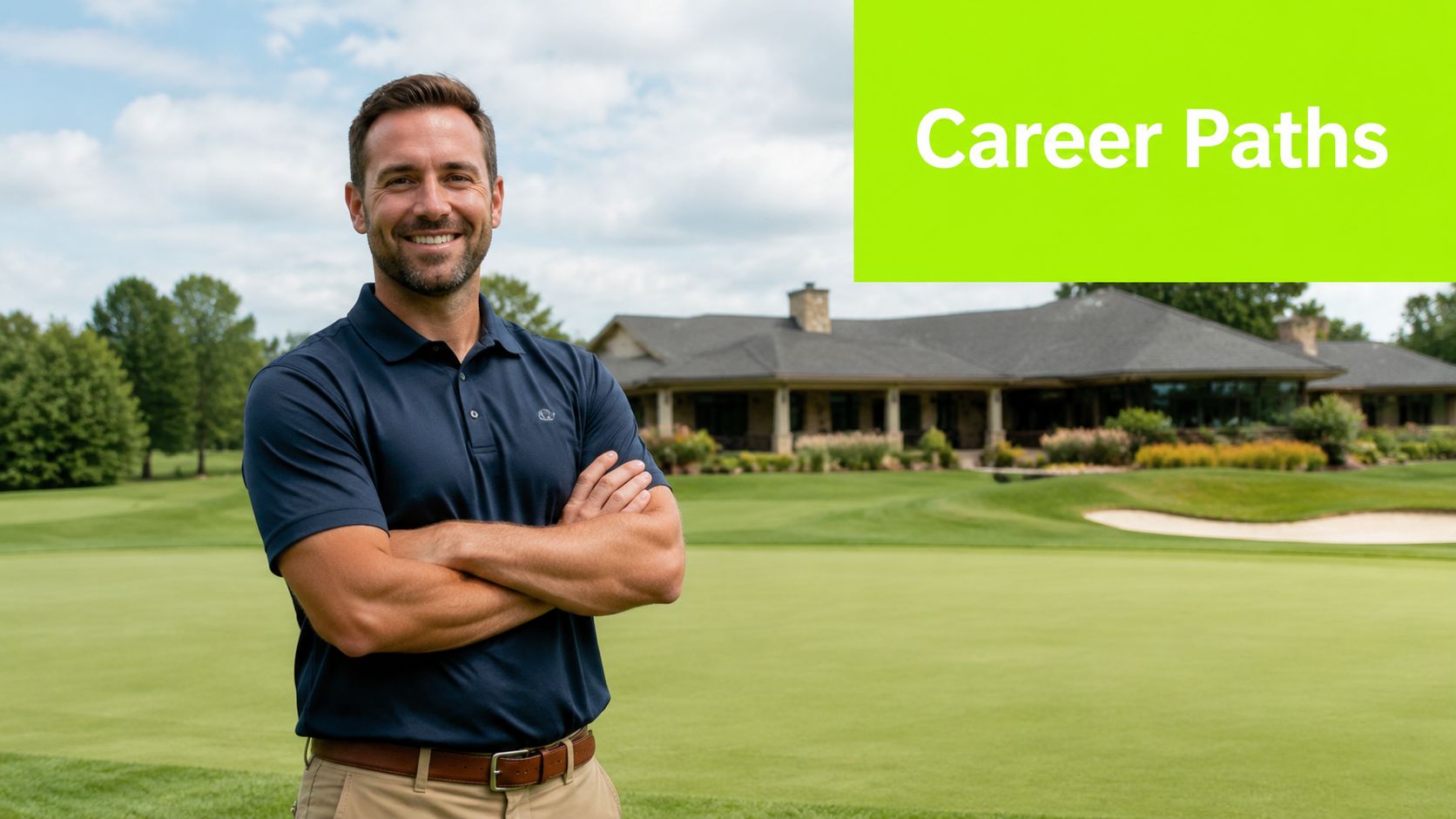 A professional man standing with arms crossed on a golf course with a clubhouse in background.