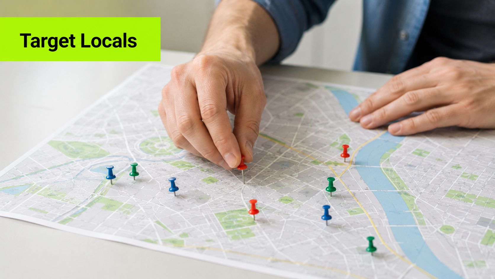 A person placing colorful push pins on a paper city map to mark specific locations.